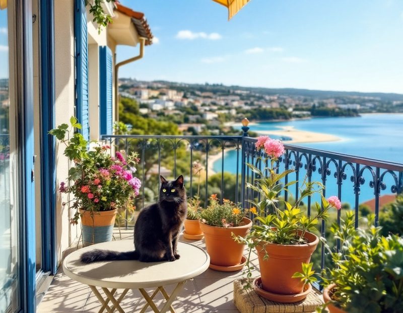 Chat noir sur un balcon fleuri, l'étang au loin