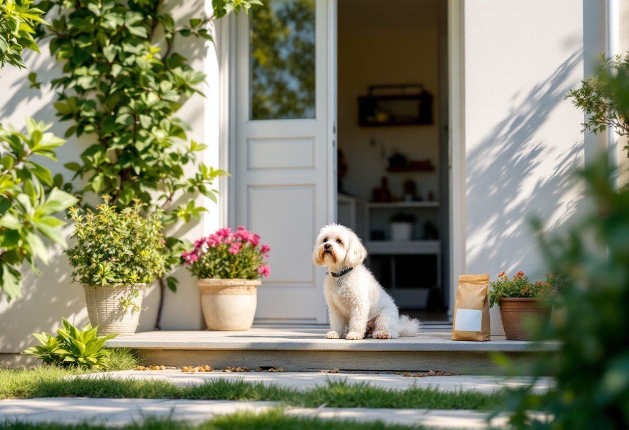 Petit chien blanc qui attend devant l'entrée d'une résidence, un sac de croquettes sur la marche