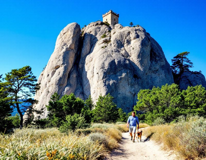 Promenade avec un beagle au pied d'un grand rocher calcaire surmonté d'une tour